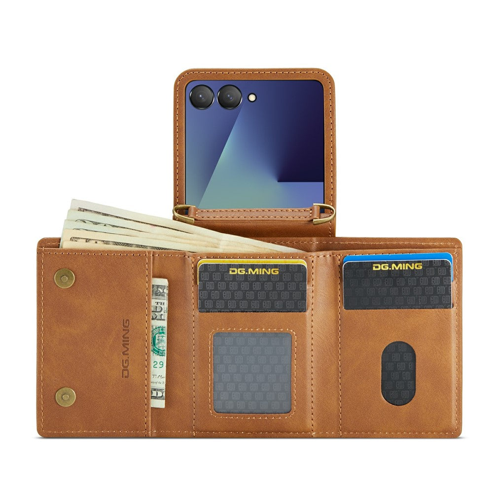 DG.MING M6 Series For Samsung Galaxy Z Flip7 5G Foldable Case PU + PC Phone Cover with Wallet / Shoulder Strap - Brown