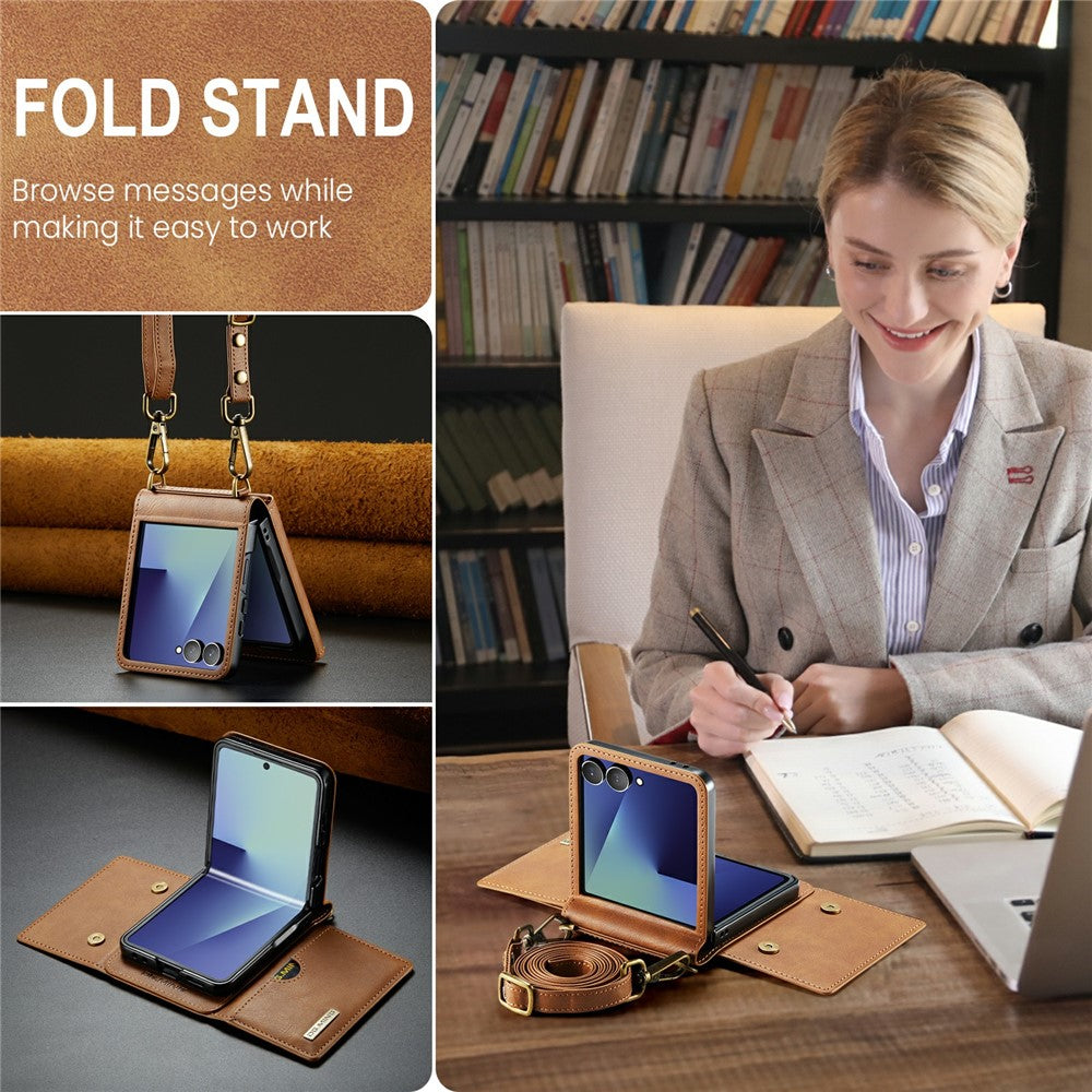 DG.MING M6 Series For Samsung Galaxy Z Flip7 5G Foldable Case PU + PC Phone Cover with Wallet / Shoulder Strap - Brown