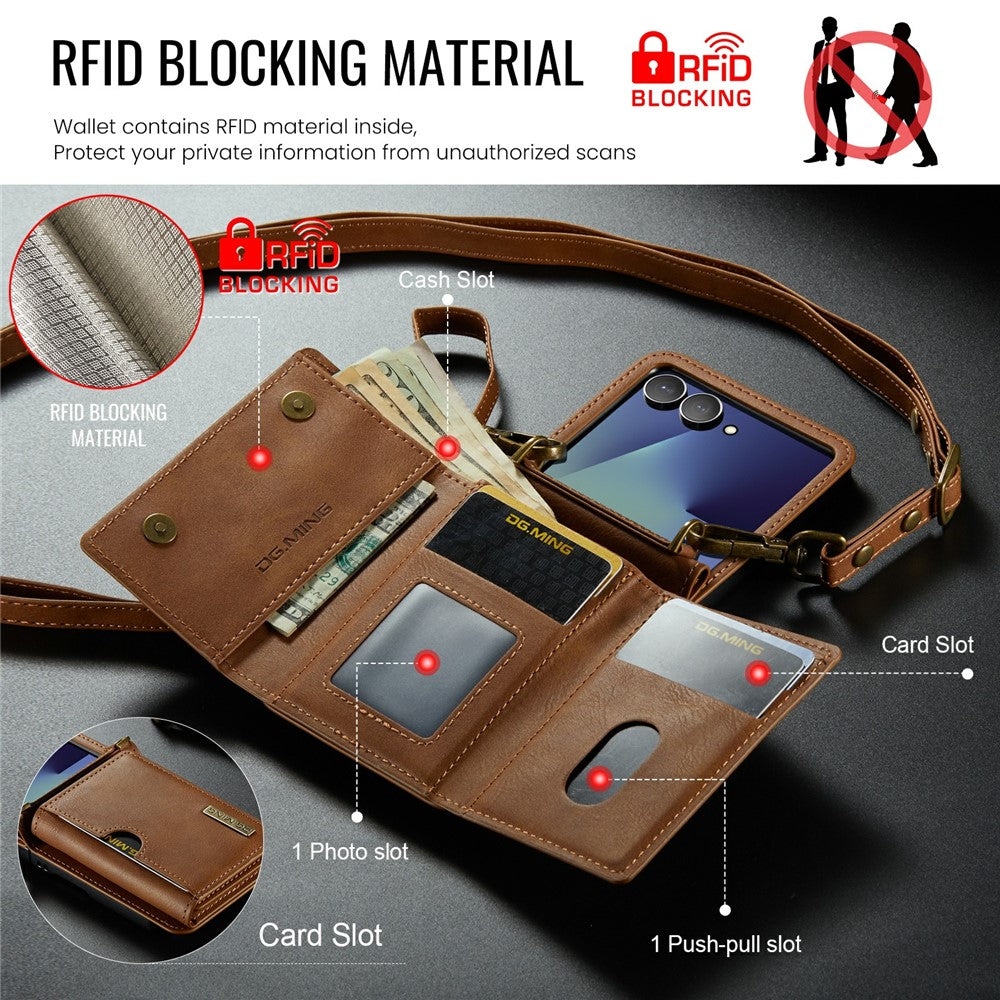 DG.MING M6 Series For Samsung Galaxy Z Flip7 5G Foldable Case PU + PC Phone Cover with Wallet / Shoulder Strap - Brown