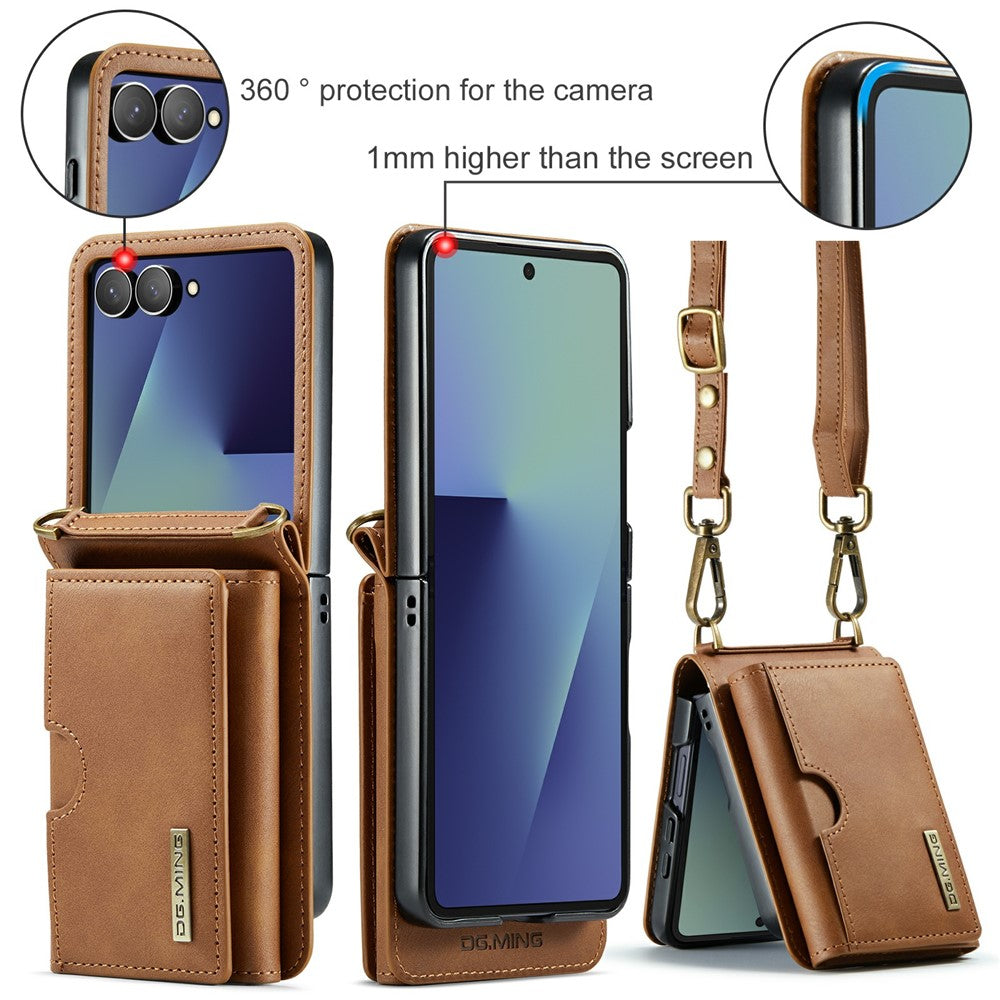 DG.MING M6 Series For Samsung Galaxy Z Flip7 5G Foldable Case PU + PC Phone Cover with Wallet / Shoulder Strap - Brown