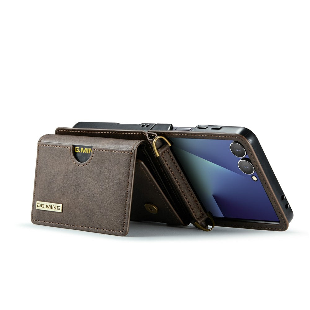 DG.MING M6 Series For Samsung Galaxy Z Flip7 5G Foldable Case PU + PC Phone Cover with Wallet / Shoulder Strap - Coffee