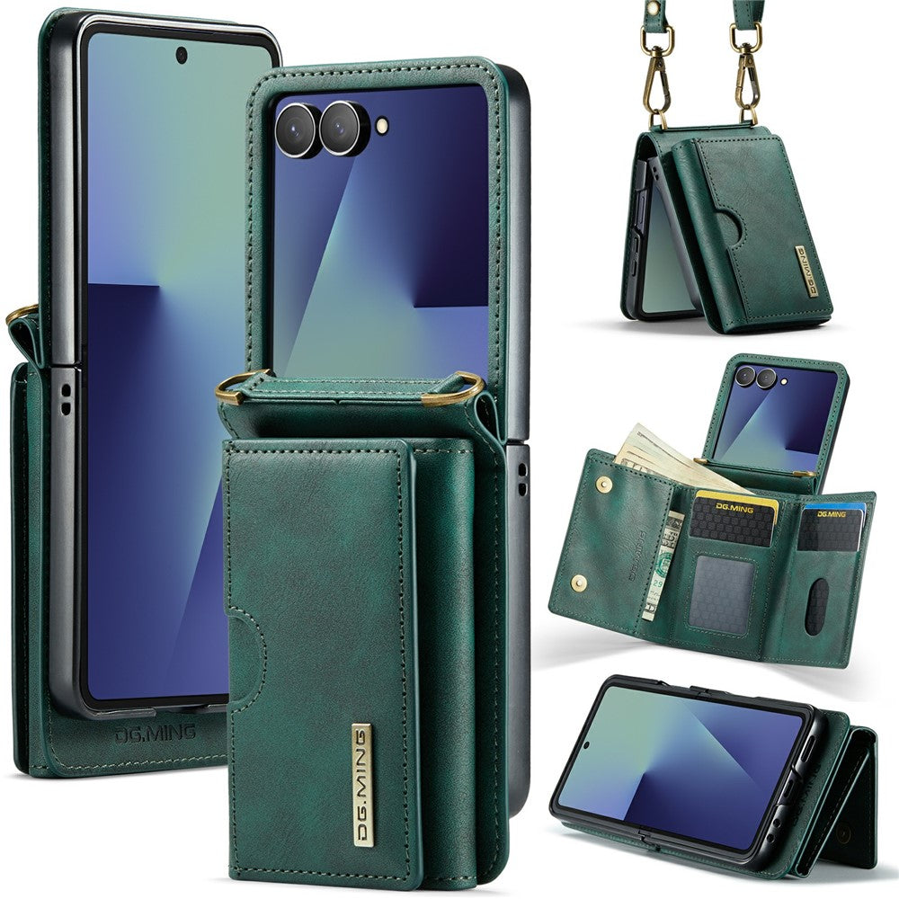 DG.MING M6 Series For Samsung Galaxy Z Flip7 5G Foldable Case PU + PC Phone Cover with Wallet / Shoulder Strap - Green