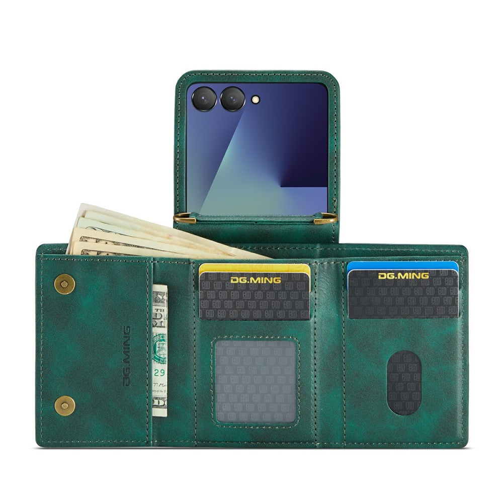DG.MING M6 Series For Samsung Galaxy Z Flip7 5G Foldable Case PU + PC Phone Cover with Wallet / Shoulder Strap - Green
