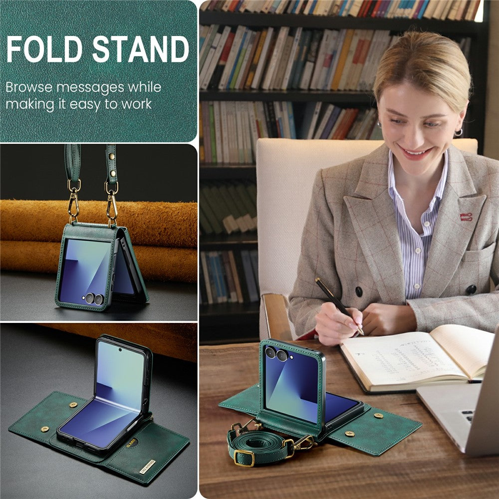 DG.MING M6 Series For Samsung Galaxy Z Flip7 5G Foldable Case PU + PC Phone Cover with Wallet / Shoulder Strap - Green