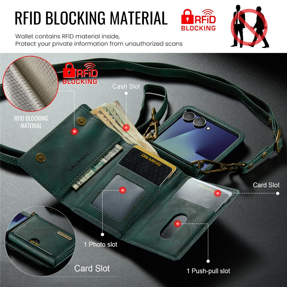 DG.MING M6 Series For Samsung Galaxy Z Flip7 5G Foldable Case PU + PC Phone Cover with Wallet / Shoulder Strap - Green