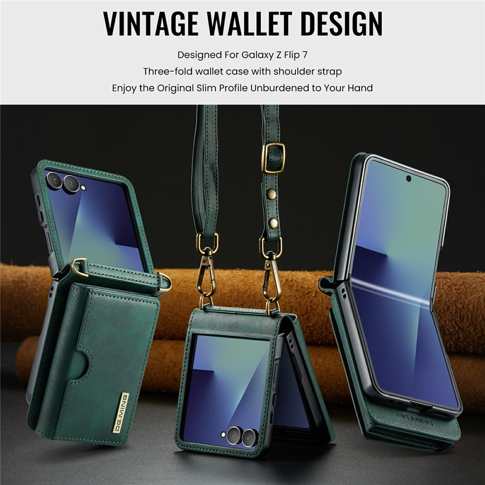 DG.MING M6 Series For Samsung Galaxy Z Flip7 5G Foldable Case PU + PC Phone Cover with Wallet / Shoulder Strap - Green