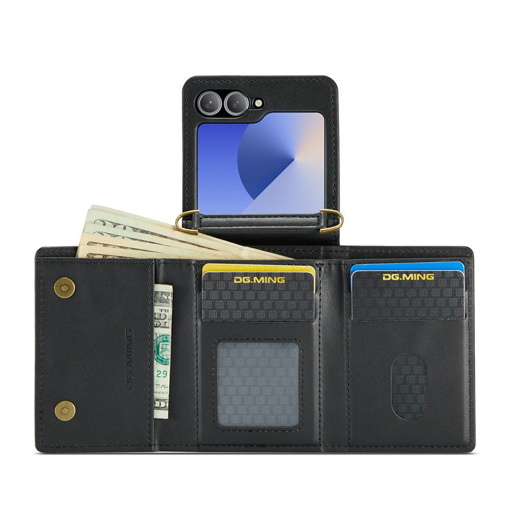 DG.MING M6 Series For Samsung Galaxy Z Flip6 5G  /  Z Flip7 FE 5G Foldable Case PU + PC Phone Cover with Wallet  /  Shoulder Strap - Black