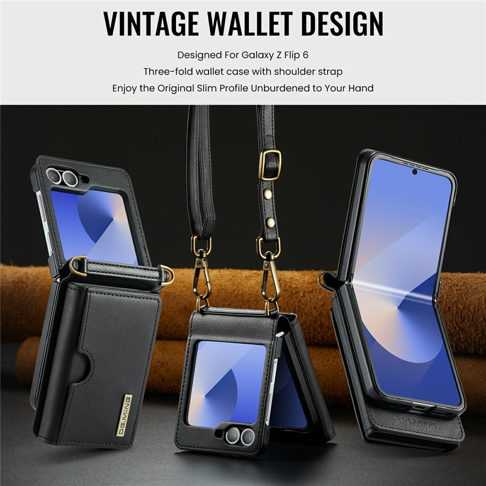 DG.MING M6 Series For Samsung Galaxy Z Flip6 5G  /  Z Flip7 FE 5G Foldable Case PU + PC Phone Cover with Wallet  /  Shoulder Strap - Black