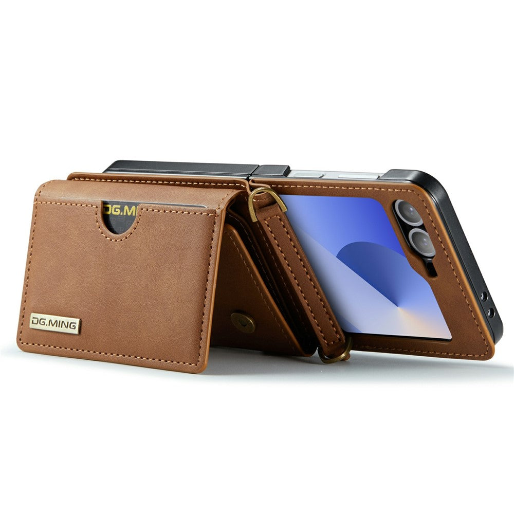DG.MING M6 Series For Samsung Galaxy Z Flip6 5G / Z Flip7 FE 5G Foldable Case PU + PC Phone Cover with Wallet / Shoulder Strap - Brown