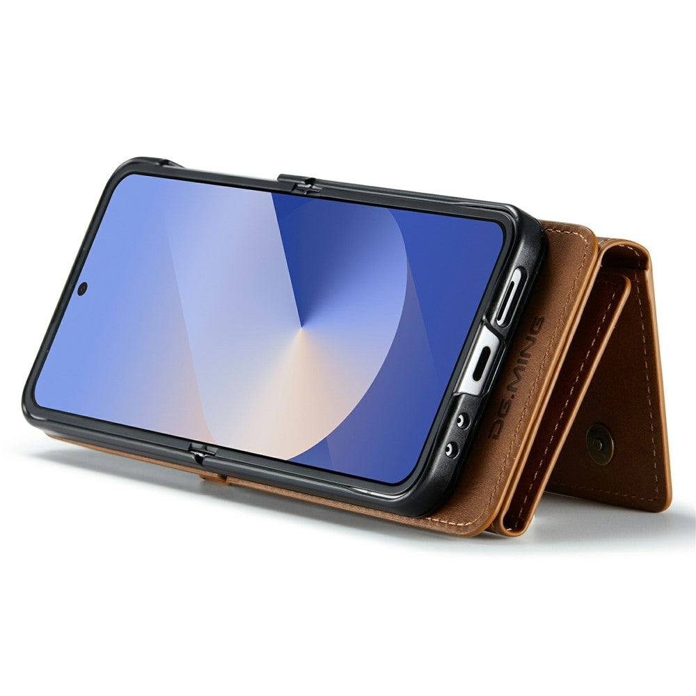 DG.MING M6 Series For Samsung Galaxy Z Flip6 5G / Z Flip7 FE 5G Foldable Case PU + PC Phone Cover with Wallet / Shoulder Strap - Brown