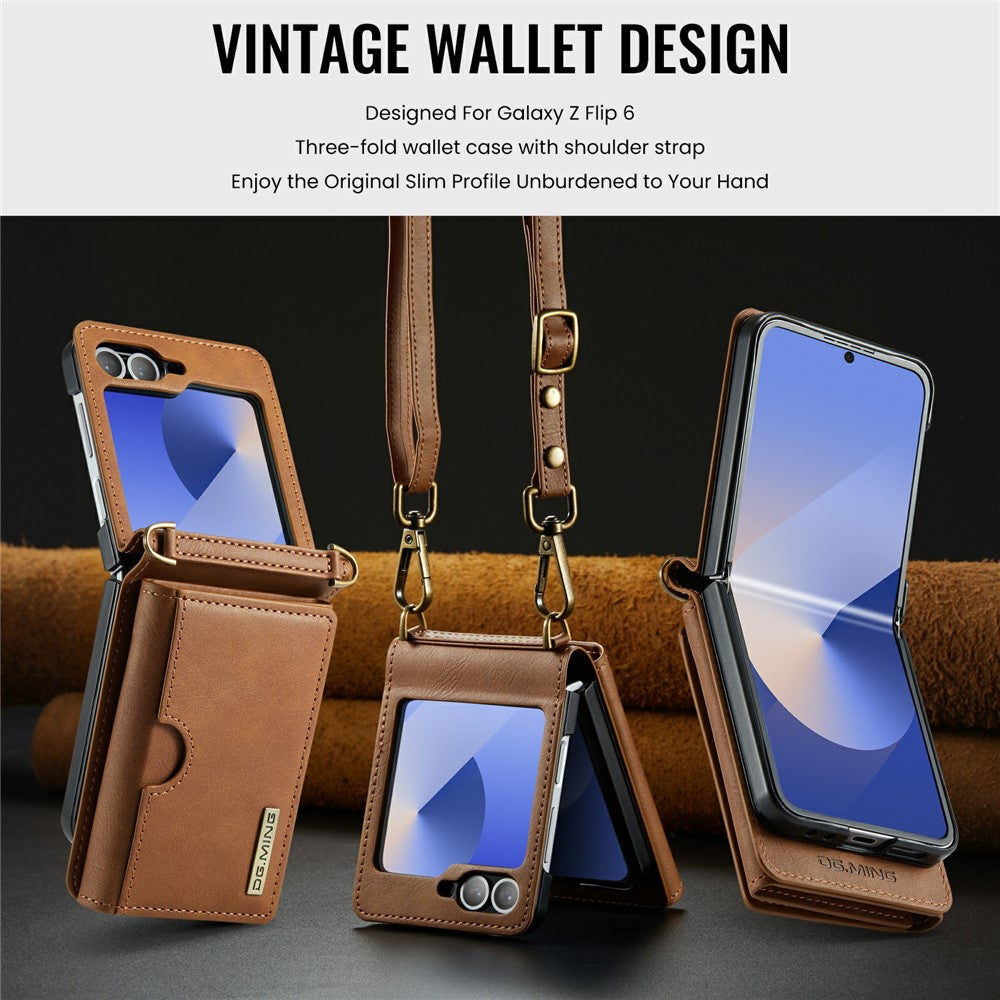 DG.MING M6 Series For Samsung Galaxy Z Flip6 5G / Z Flip7 FE 5G Foldable Case PU + PC Phone Cover with Wallet / Shoulder Strap - Brown