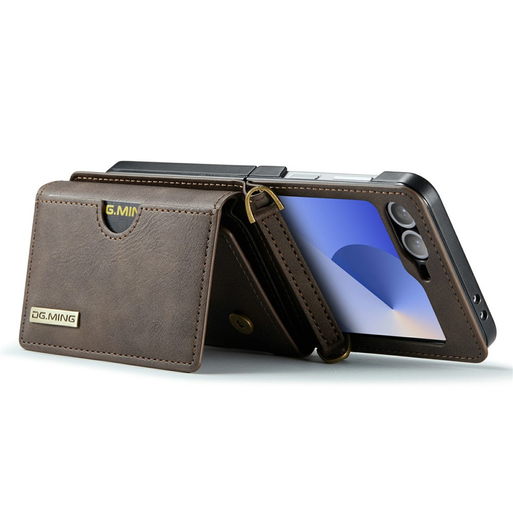 DG.MING M6 Series For Samsung Galaxy Z Flip6 5G  /  Z Flip7 FE 5G Foldable Case PU + PC Phone Cover with Wallet  /  Shoulder Strap - Coffee