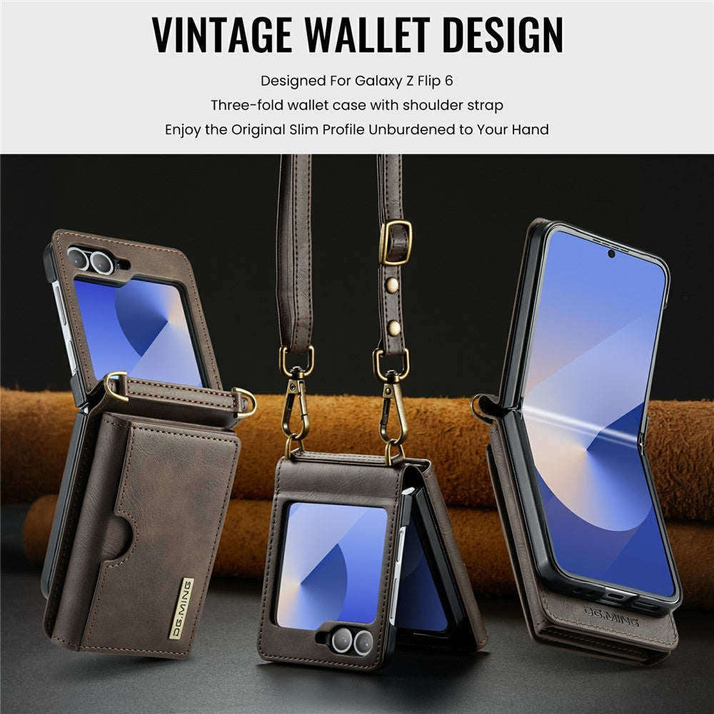 DG.MING M6 Series For Samsung Galaxy Z Flip6 5G  /  Z Flip7 FE 5G Foldable Case PU + PC Phone Cover with Wallet  /  Shoulder Strap - Coffee