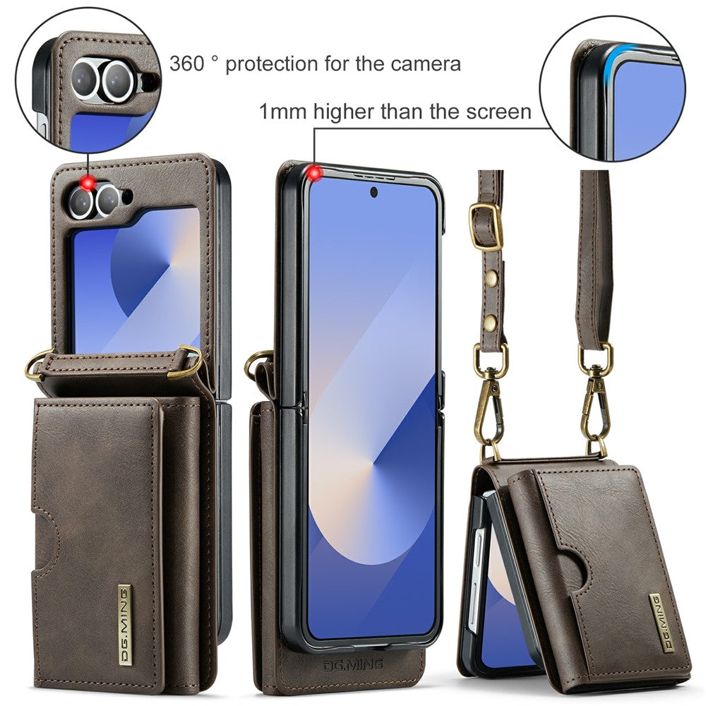 DG.MING M6 Series For Samsung Galaxy Z Flip6 5G  /  Z Flip7 FE 5G Foldable Case PU + PC Phone Cover with Wallet  /  Shoulder Strap - Coffee