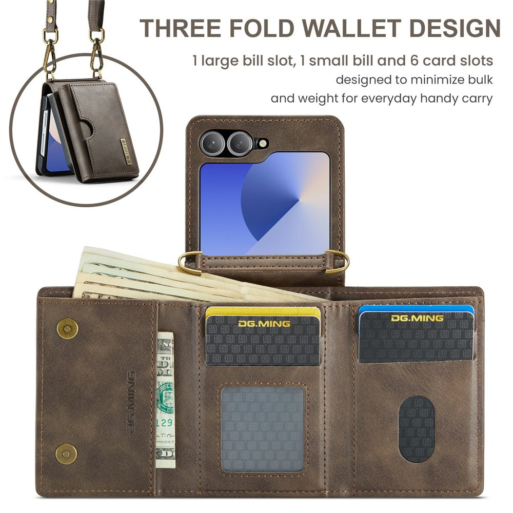 DG.MING M6 Series For Samsung Galaxy Z Flip6 5G  /  Z Flip7 FE 5G Foldable Case PU + PC Phone Cover with Wallet  /  Shoulder Strap - Coffee