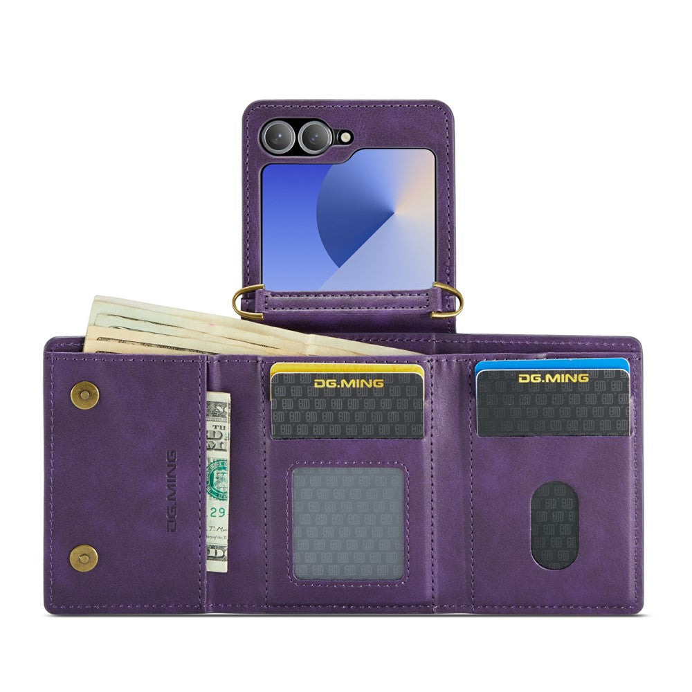 DG.MING M6 Series For Samsung Galaxy Z Flip6 5G / Z Flip7 FE 5G Foldable Case PU + PC Phone Cover with Wallet / Shoulder Strap - Purple