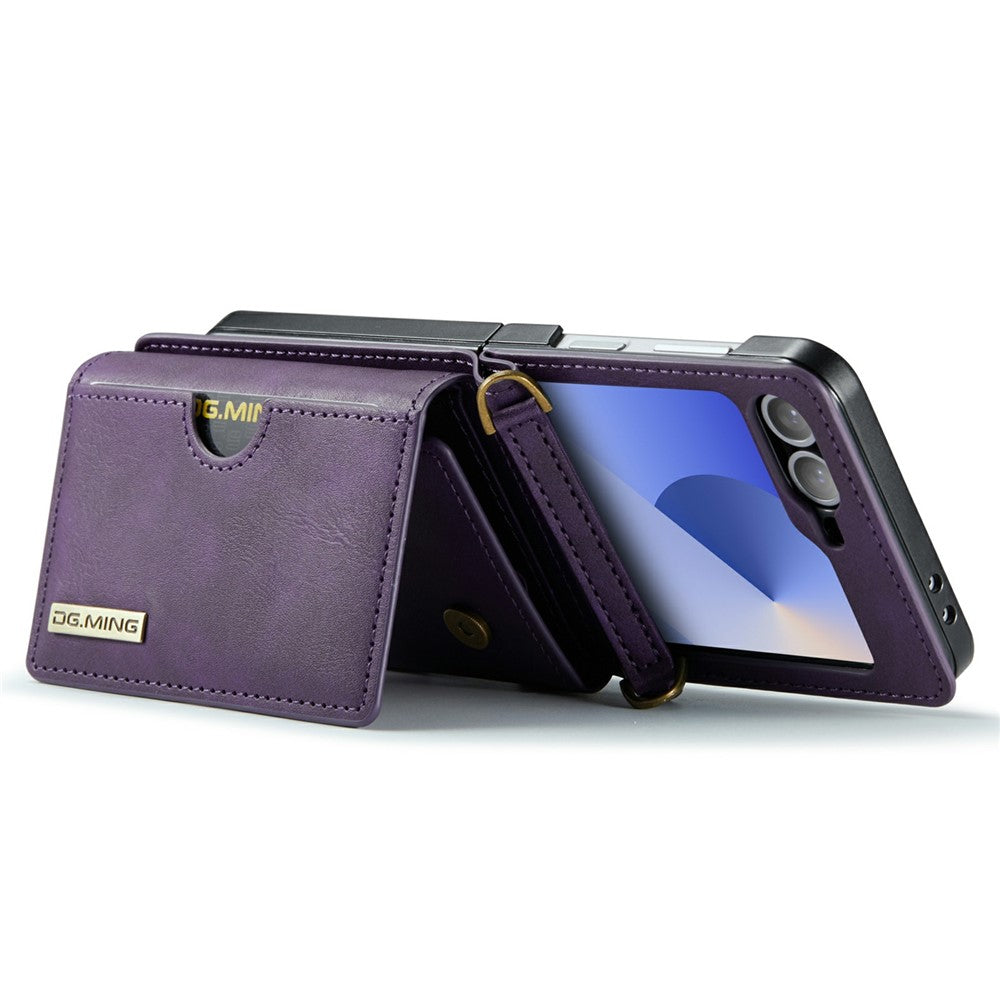 DG.MING M6 Series For Samsung Galaxy Z Flip6 5G / Z Flip7 FE 5G Foldable Case PU + PC Phone Cover with Wallet / Shoulder Strap - Purple