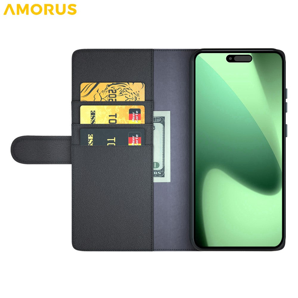 AMORUS For iPhone 17 Pro Max Stand Cases Calf Texture Genuine Split Leather Wallet Phone Cover - Black