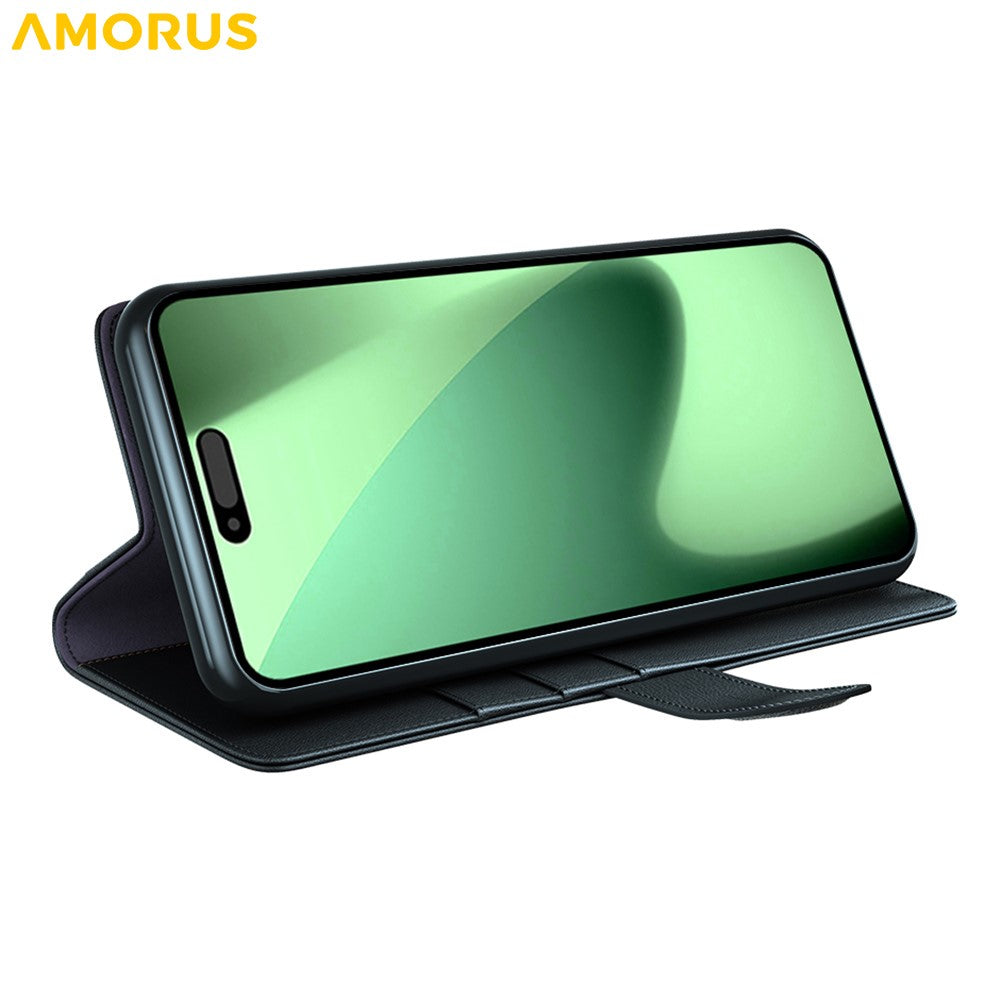 AMORUS For iPhone 17 Pro Max Stand Cases Calf Texture Genuine Split Leather Wallet Phone Cover - Black