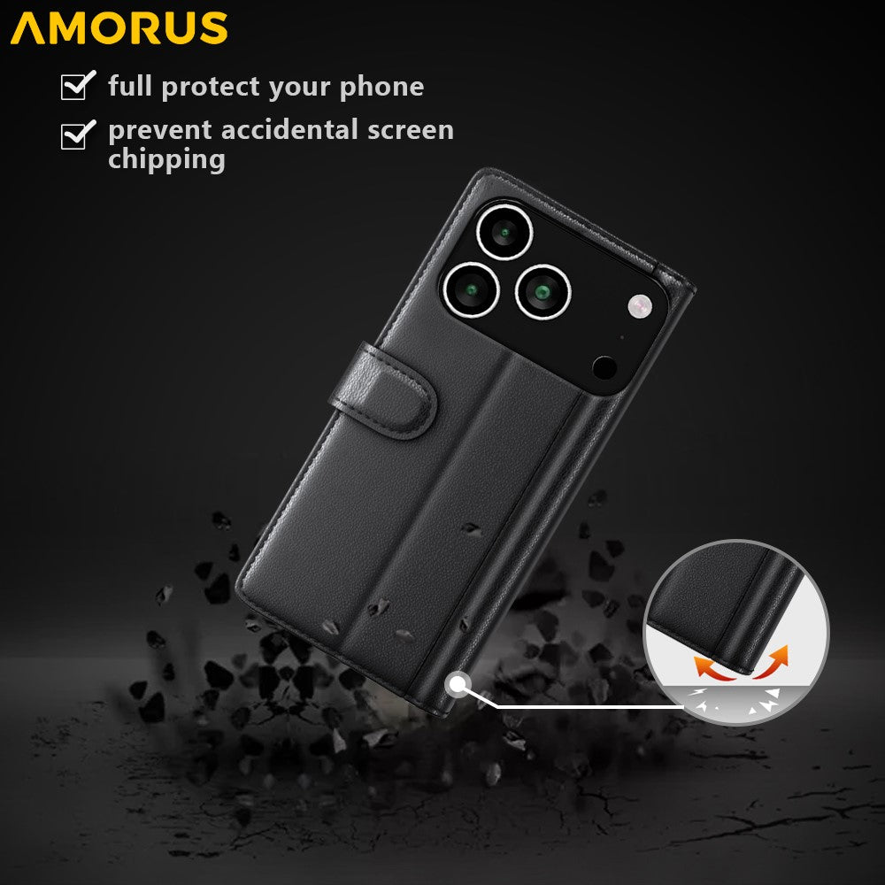 AMORUS For iPhone 17 Pro Max Stand Cases Calf Texture Genuine Split Leather Wallet Phone Cover - Black