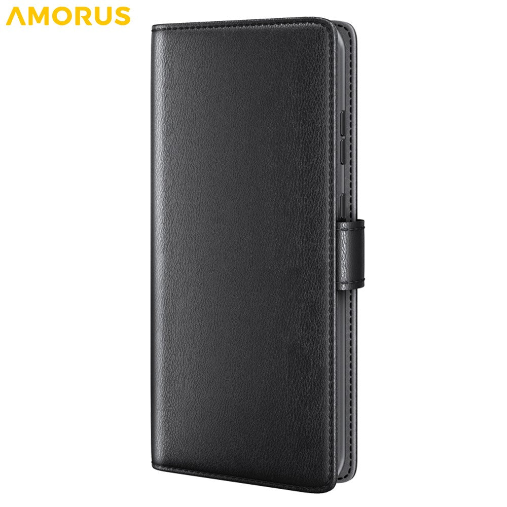 AMORUS For iPhone 17 Pro Max Stand Cases Calf Texture Genuine Split Leather Wallet Phone Cover - Black