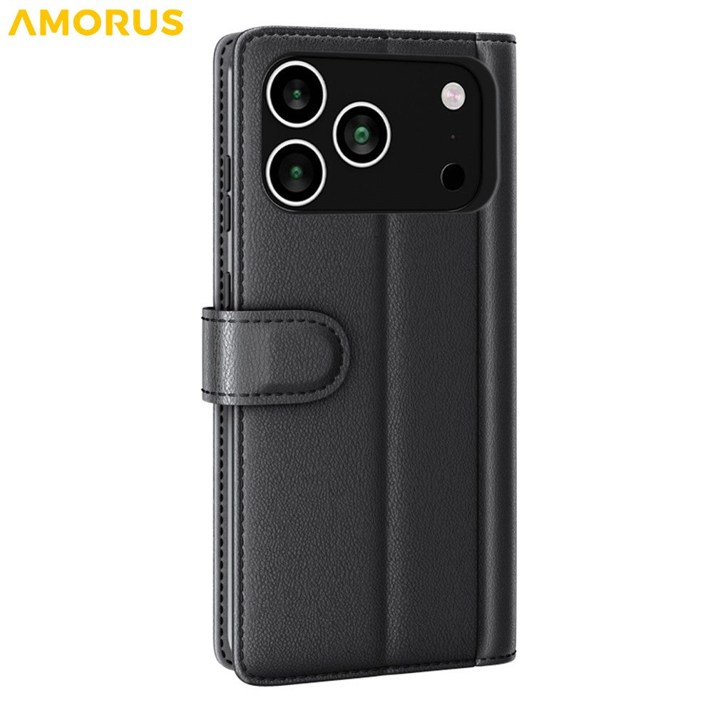 AMORUS For iPhone 17 Pro Max Stand Cases Calf Texture Genuine Split Leather Wallet Phone Cover - Black
