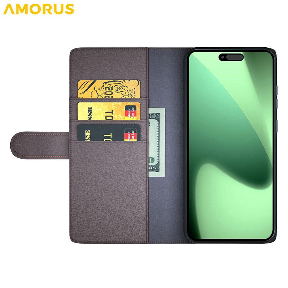 AMORUS For iPhone 17 Pro Max Stand Cases Calf Texture Genuine Split Leather Wallet Phone Cover - Brown