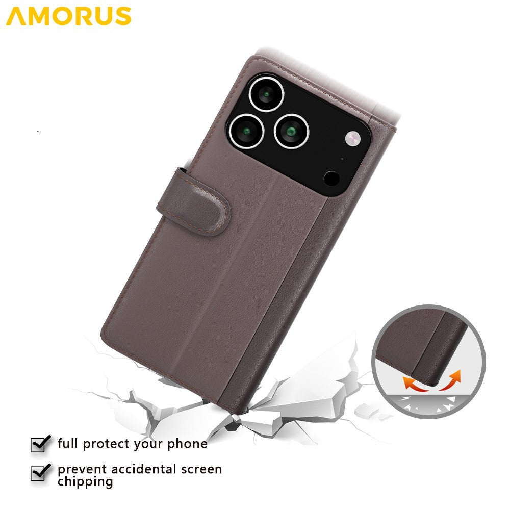 AMORUS For iPhone 17 Pro Max Stand Cases Calf Texture Genuine Split Leather Wallet Phone Cover - Brown