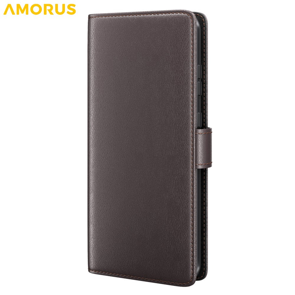 AMORUS For iPhone 17 Pro Max Stand Cases Calf Texture Genuine Split Leather Wallet Phone Cover - Brown