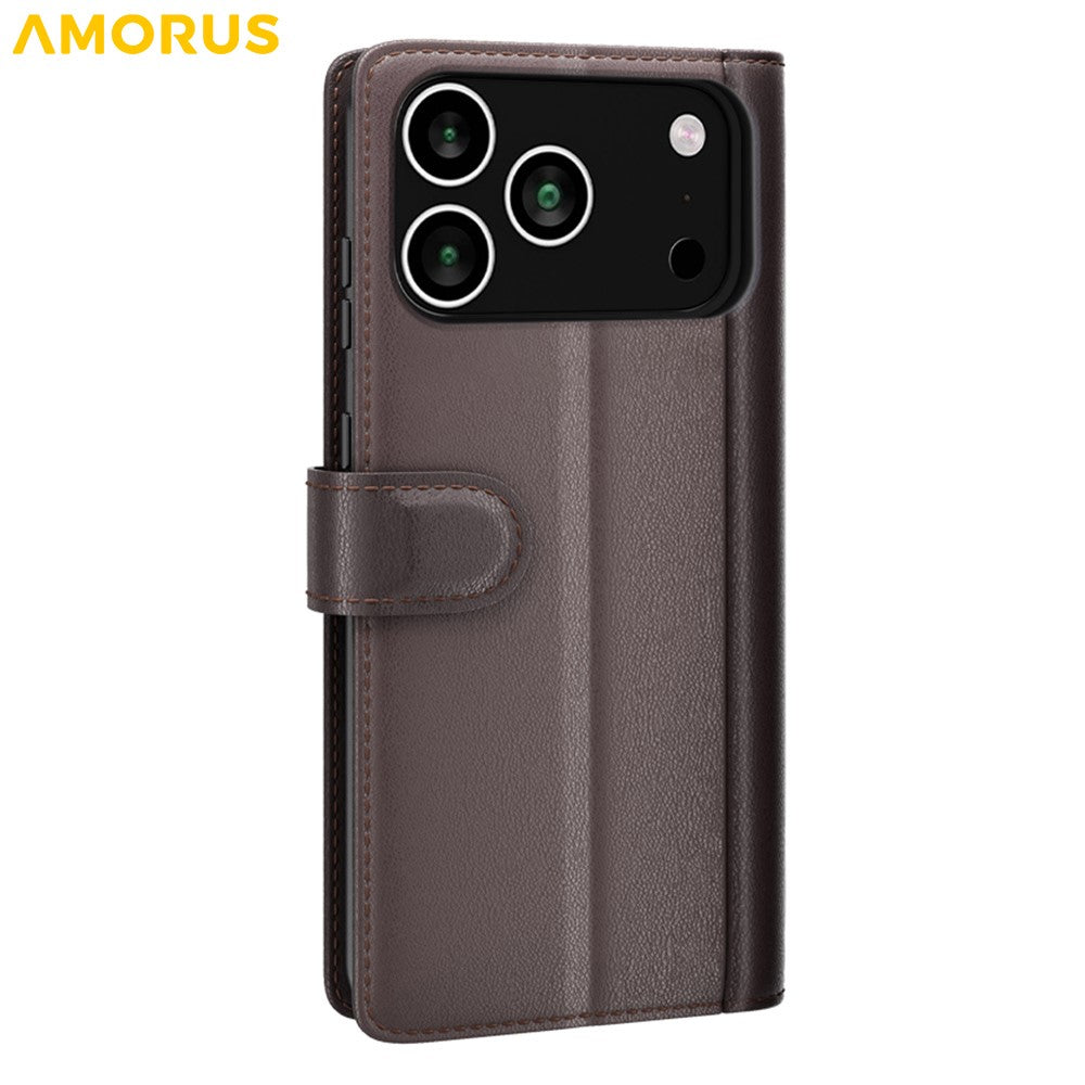 AMORUS For iPhone 17 Pro Max Stand Cases Calf Texture Genuine Split Leather Wallet Phone Cover - Brown