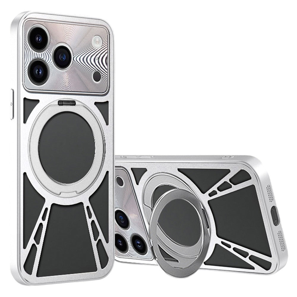 For iPhone 17 Pro Max Case Magnetic Kickstand Hollow Heat Dissipation Silicone + PC + Metal Bumper Phone Cover - Silver