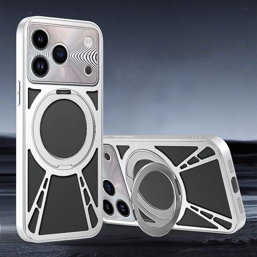 For iPhone 17 Pro Max Case Magnetic Kickstand Hollow Heat Dissipation Silicone + PC + Metal Bumper Phone Cover - Silver