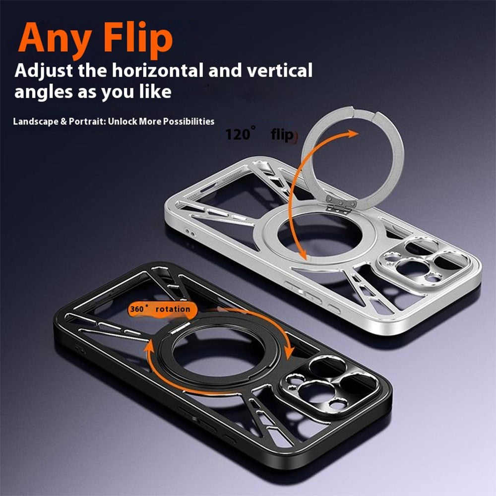 For iPhone 17 Pro Max Case Magnetic Kickstand Hollow Heat Dissipation Silicone + PC + Metal Bumper Phone Cover - Silver