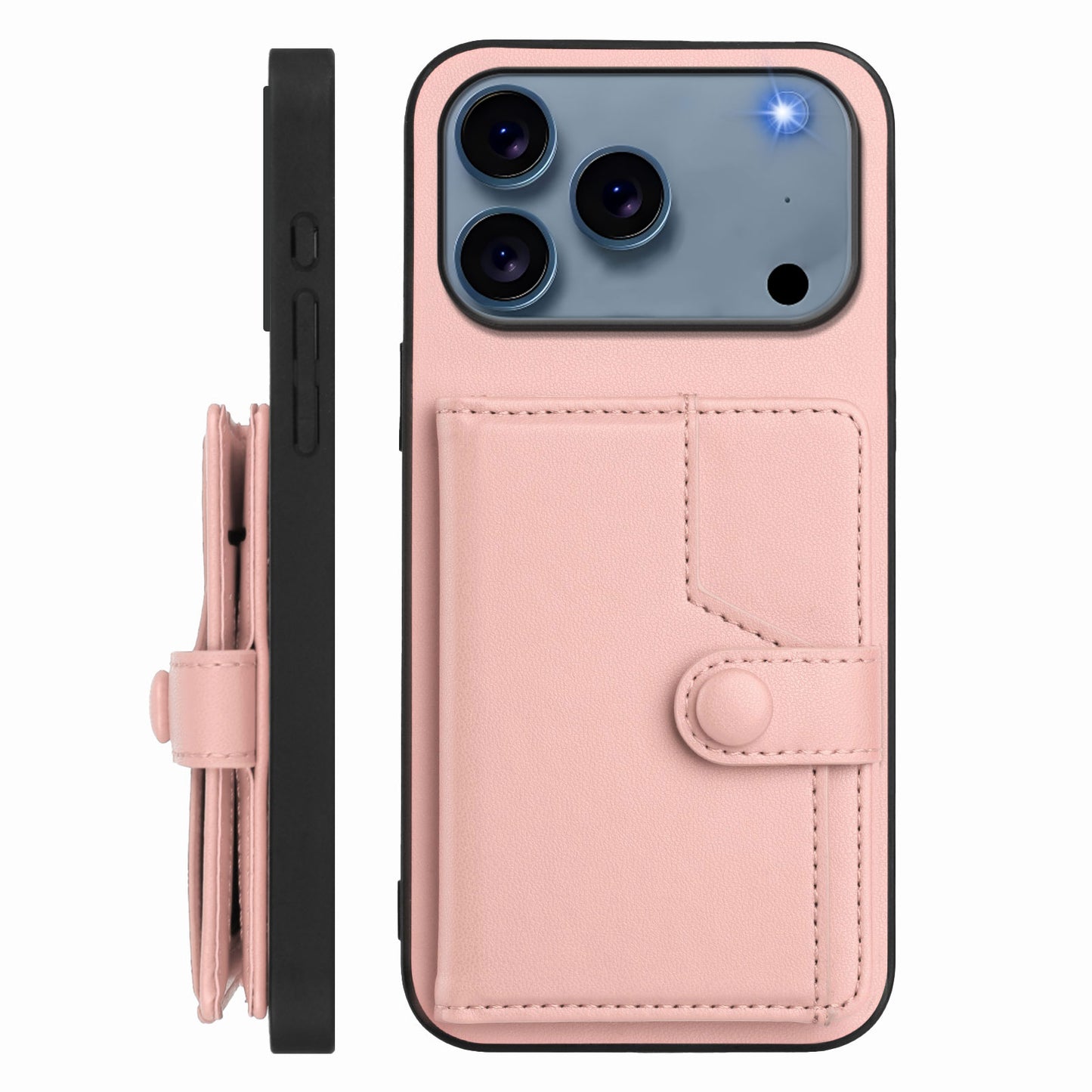 For iPhone 17 Pro Max Case RFID Blocking Card Holder Kickstand TPU + PU Leather Phone Back Cover - Rose Gold