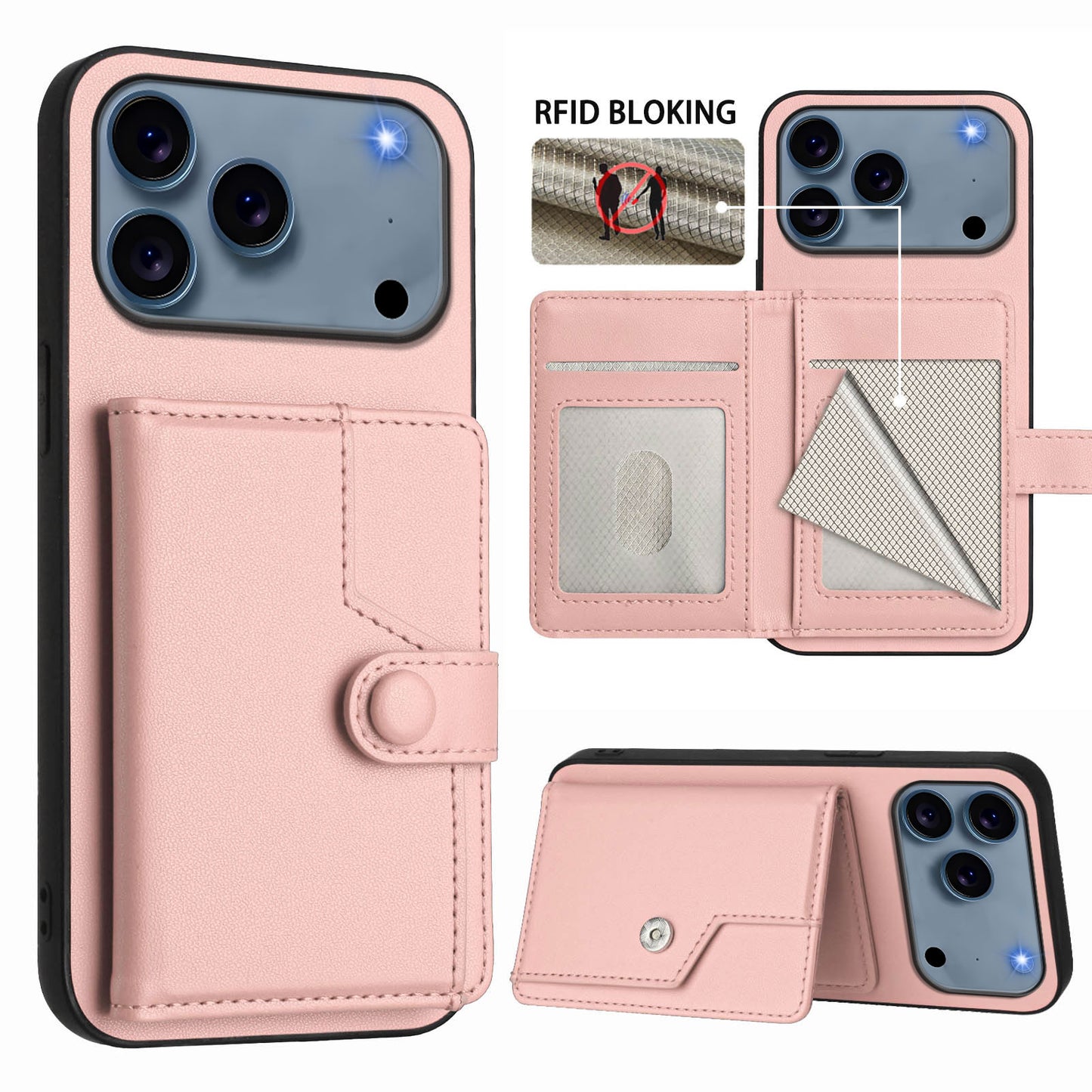 For iPhone 17 Pro Max Case RFID Blocking Card Holder Kickstand TPU + PU Leather Phone Back Cover - Rose Gold