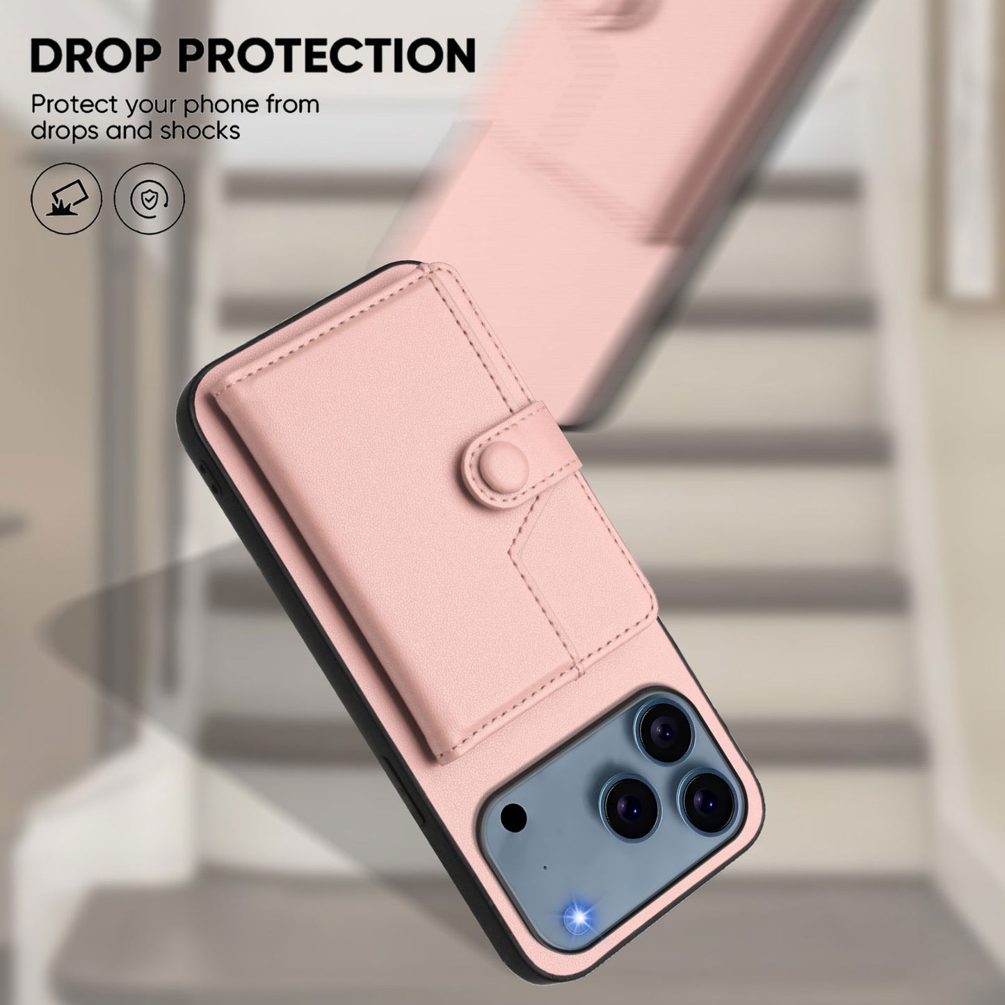 For iPhone 17 Pro Max Case RFID Blocking Card Holder Kickstand TPU + PU Leather Phone Back Cover - Rose Gold