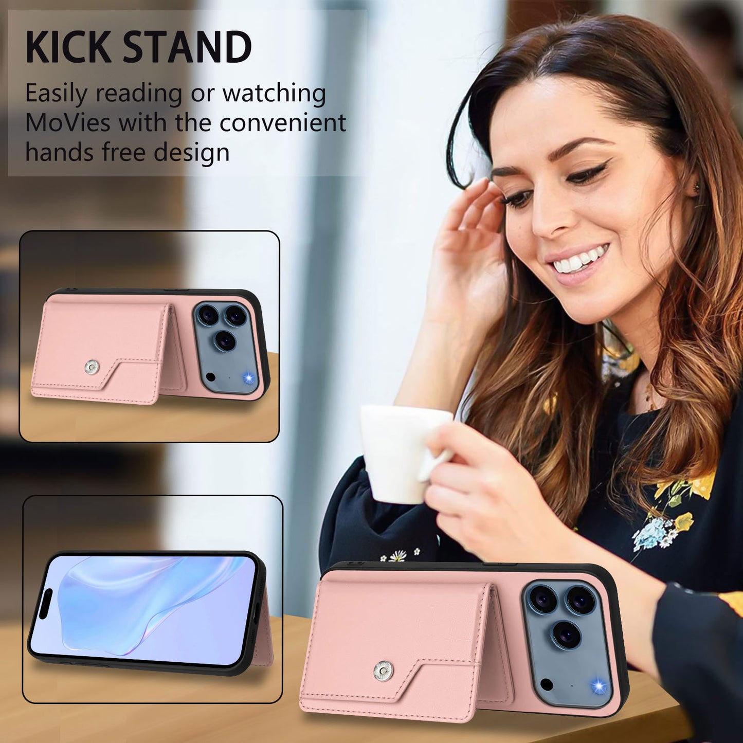 For iPhone 17 Pro Max Case RFID Blocking Card Holder Kickstand TPU + PU Leather Phone Back Cover - Rose Gold