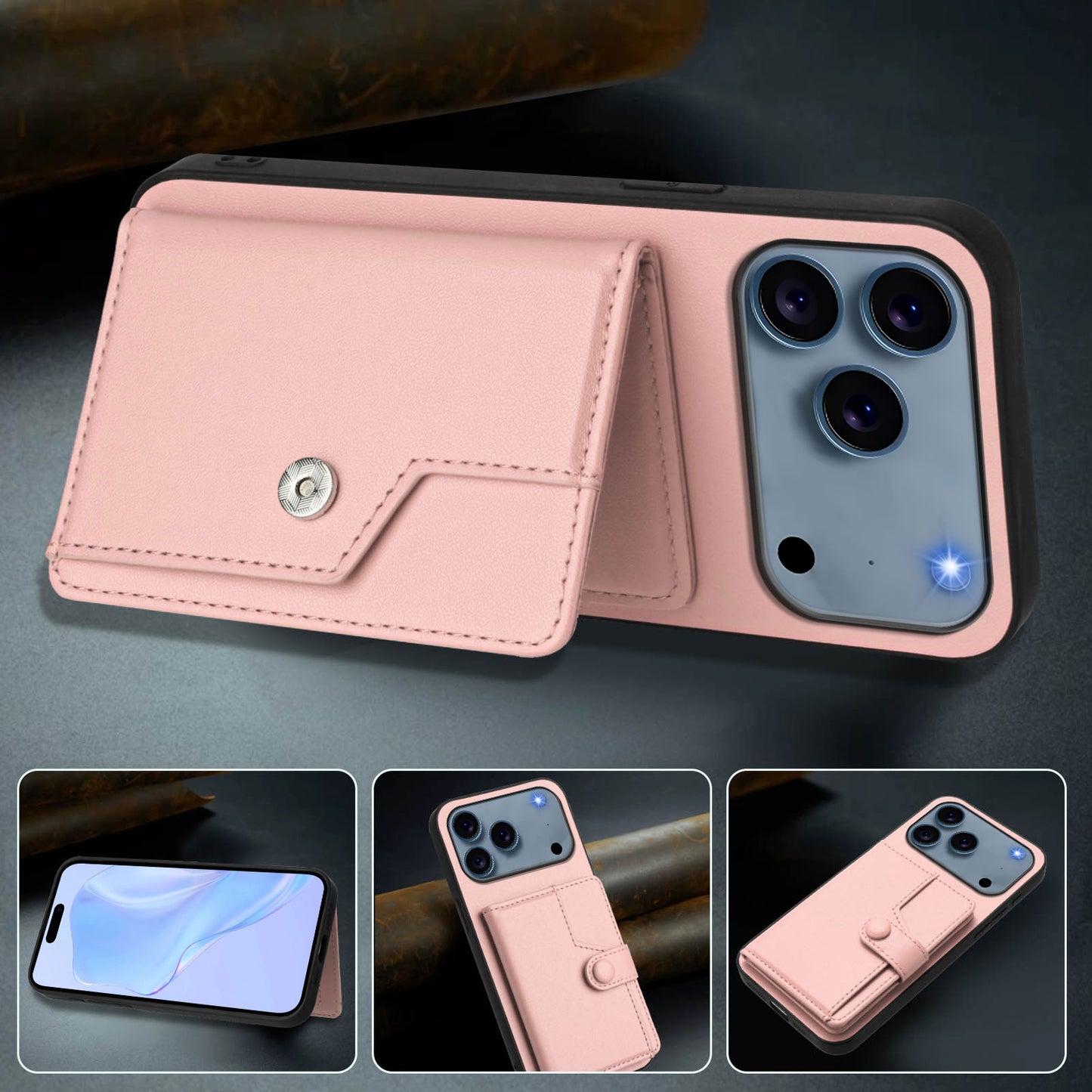 For iPhone 17 Pro Max Case RFID Blocking Card Holder Kickstand TPU + PU Leather Phone Back Cover - Rose Gold
