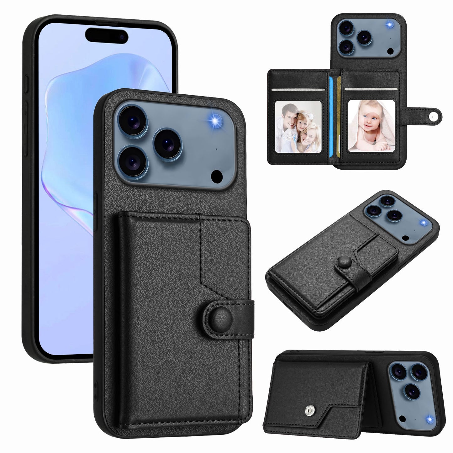 For iPhone 17 Pro Max Case RFID Blocking Card Holder Kickstand TPU + PU Leather Phone Back Cover - Black