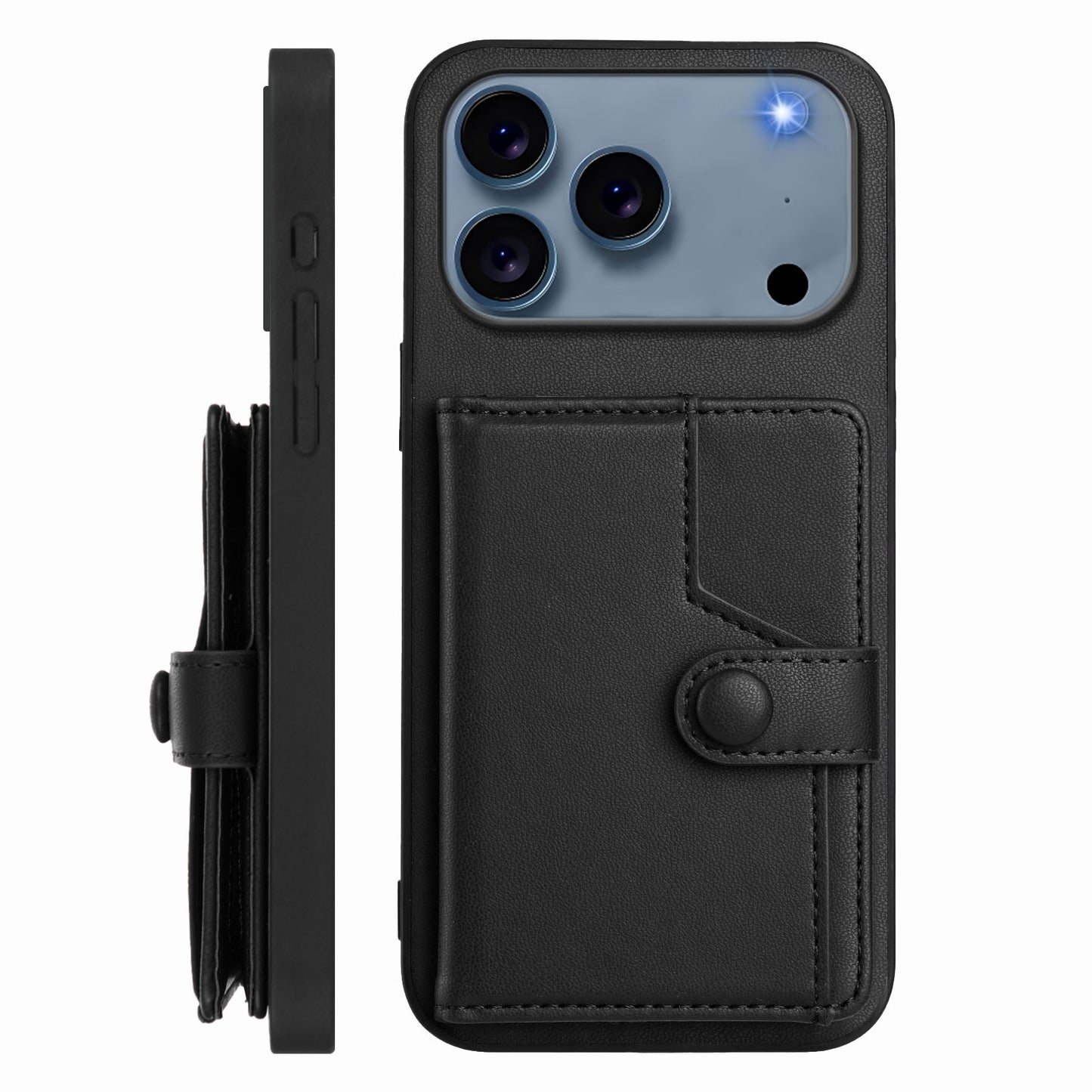 For iPhone 17 Pro Max Case RFID Blocking Card Holder Kickstand TPU + PU Leather Phone Back Cover - Black