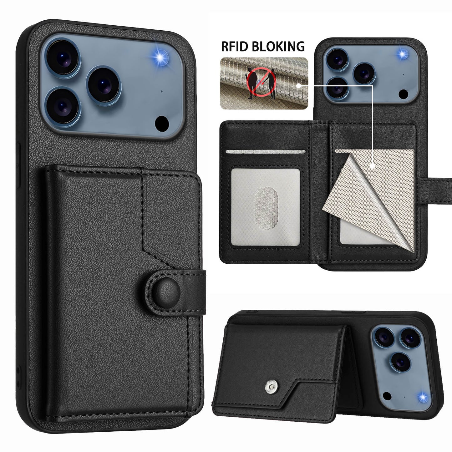 For iPhone 17 Pro Max Case RFID Blocking Card Holder Kickstand TPU + PU Leather Phone Back Cover - Black