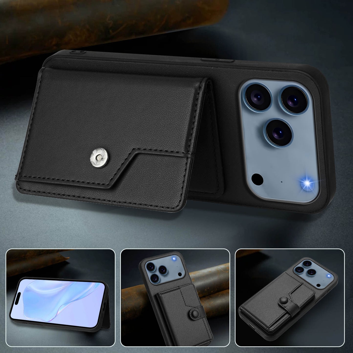 For iPhone 17 Pro Max Case RFID Blocking Card Holder Kickstand TPU + PU Leather Phone Back Cover - Black