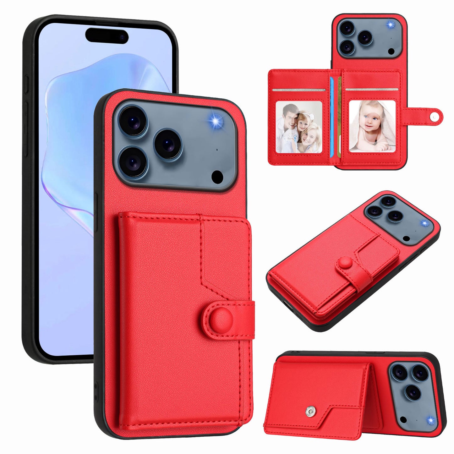For iPhone 17 Pro Max Case RFID Blocking Card Holder Kickstand TPU + PU Leather Phone Back Cover - Red