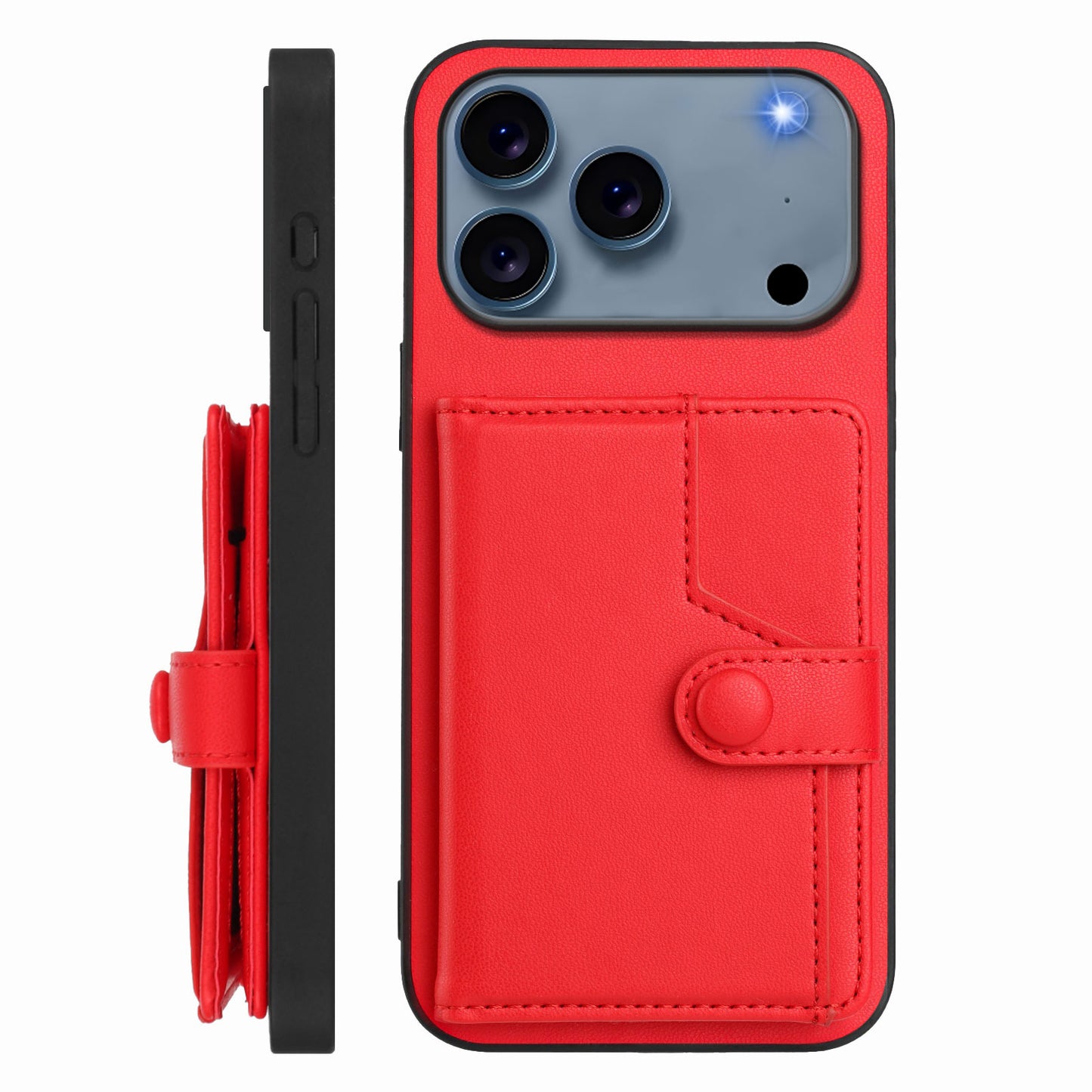 For iPhone 17 Pro Max Case RFID Blocking Card Holder Kickstand TPU + PU Leather Phone Back Cover - Red