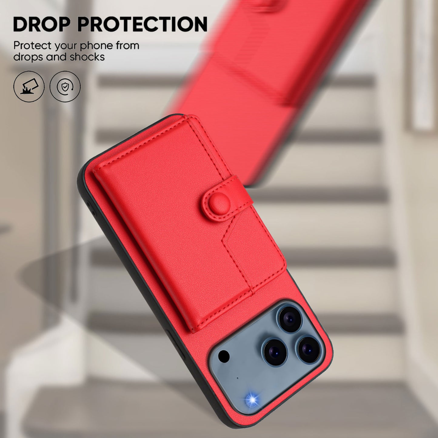 For iPhone 17 Pro Max Case RFID Blocking Card Holder Kickstand TPU + PU Leather Phone Back Cover - Red