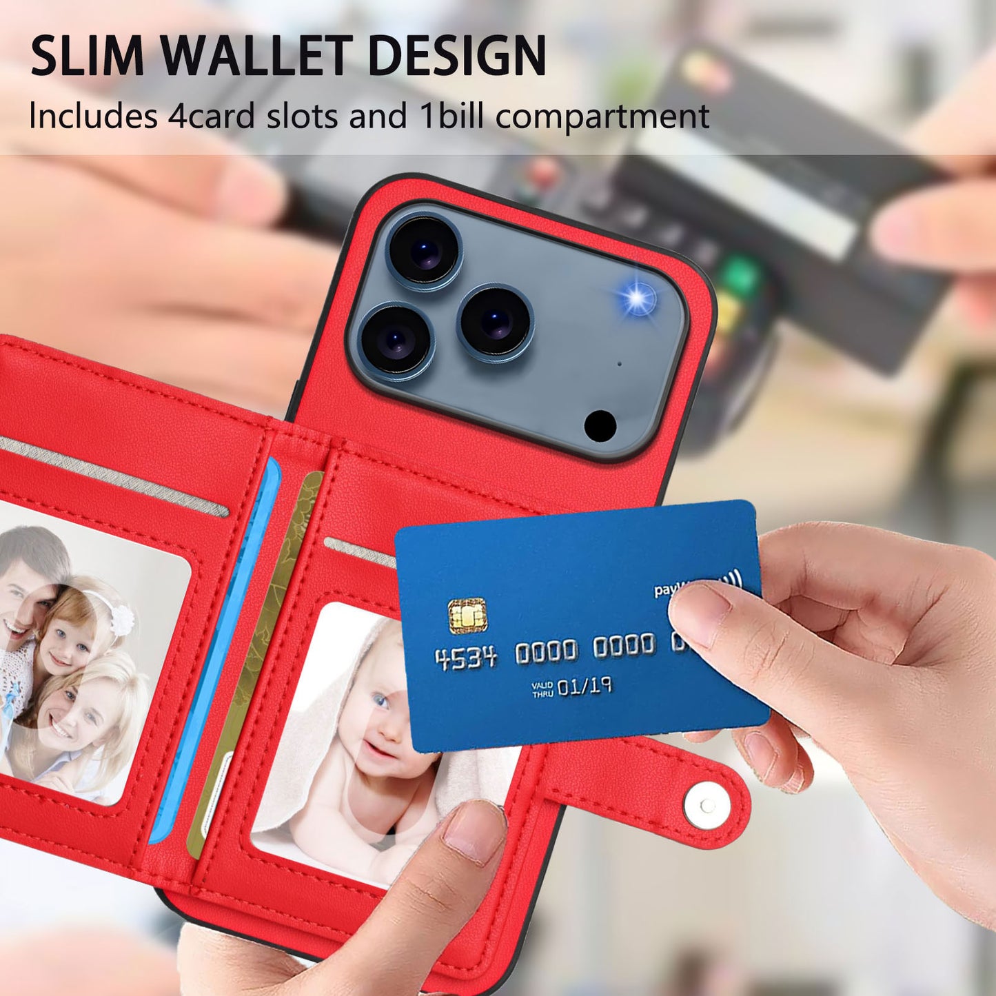 For iPhone 17 Pro Max Case RFID Blocking Card Holder Kickstand TPU + PU Leather Phone Back Cover - Red