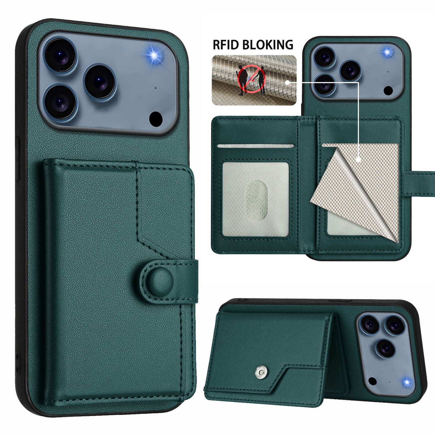 For iPhone 17 Pro Max Case RFID Blocking Card Holder Kickstand TPU + PU Leather Phone Back Cover - Green