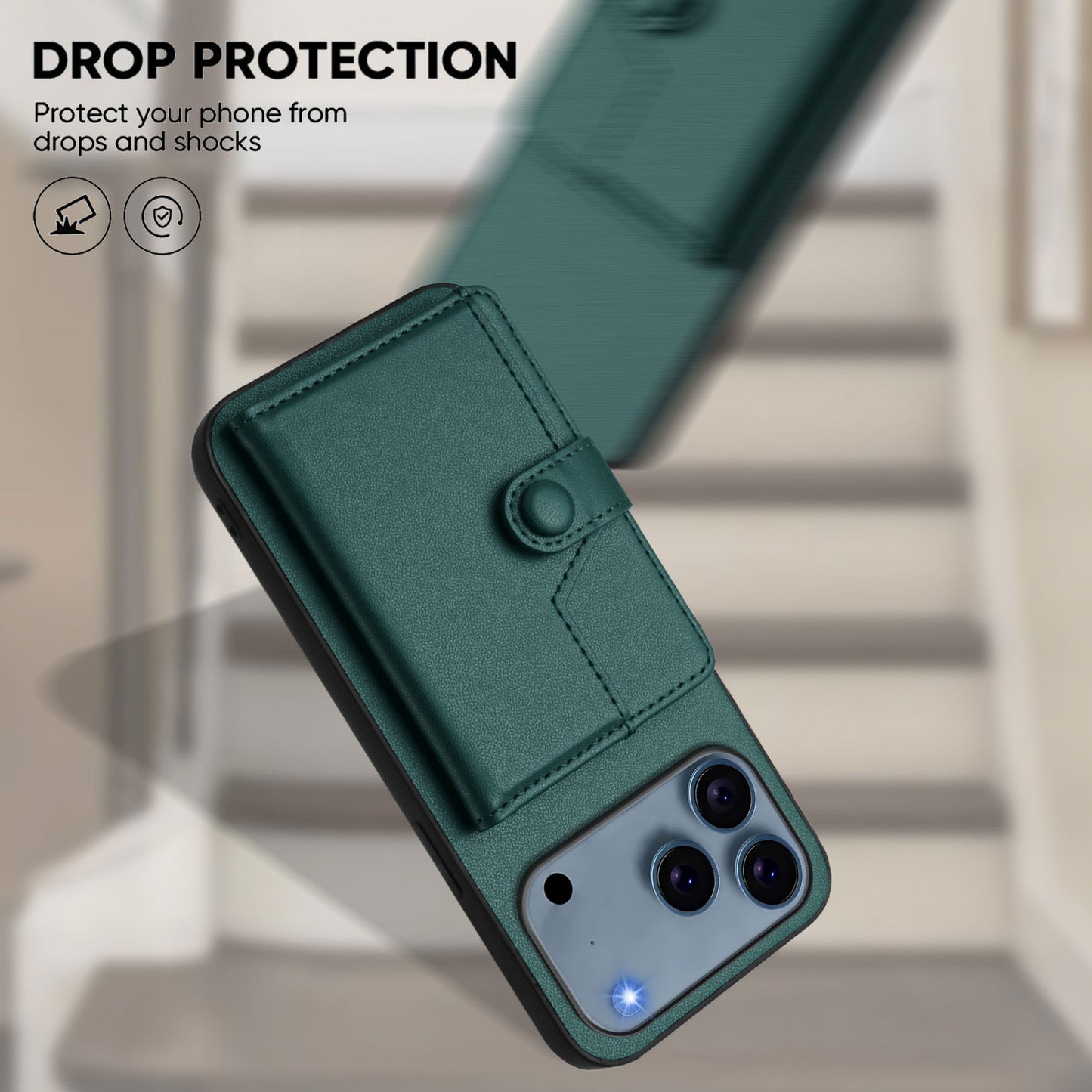 For iPhone 17 Pro Max Case RFID Blocking Card Holder Kickstand TPU + PU Leather Phone Back Cover - Green