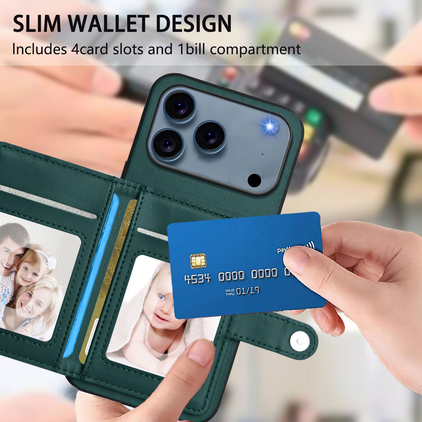 For iPhone 17 Pro Max Case RFID Blocking Card Holder Kickstand TPU + PU Leather Phone Back Cover - Green