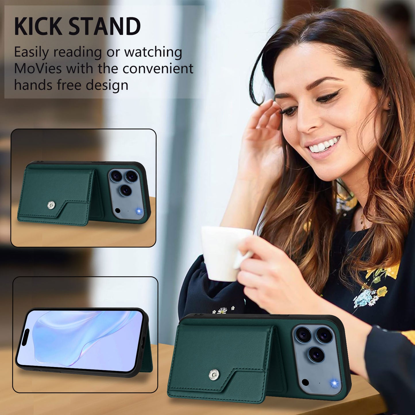 For iPhone 17 Pro Max Case RFID Blocking Card Holder Kickstand TPU + PU Leather Phone Back Cover - Green